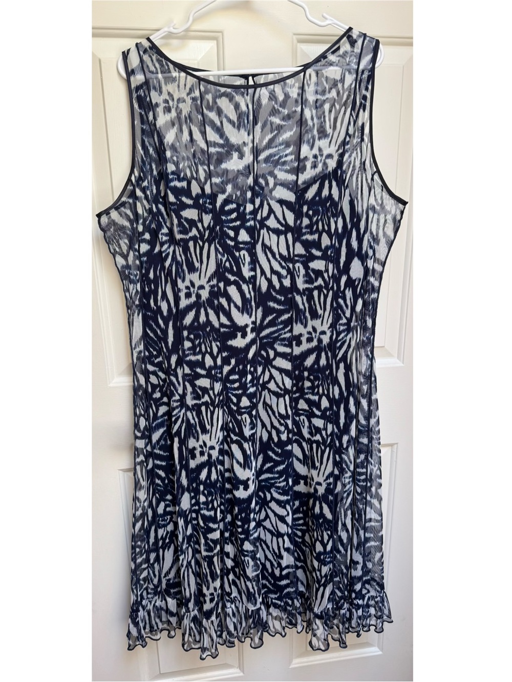 Jessica Howard Navy Blue White Abstract Print Sheer Party Dress Slip womens 18W